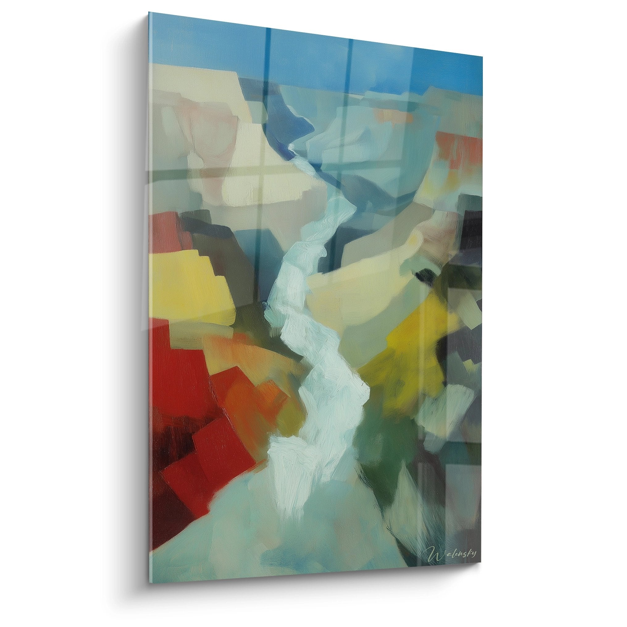 Tableau canvas canyon abstrait aux couleurs vives avec rivière blanche serpentant entre formations rocheuses