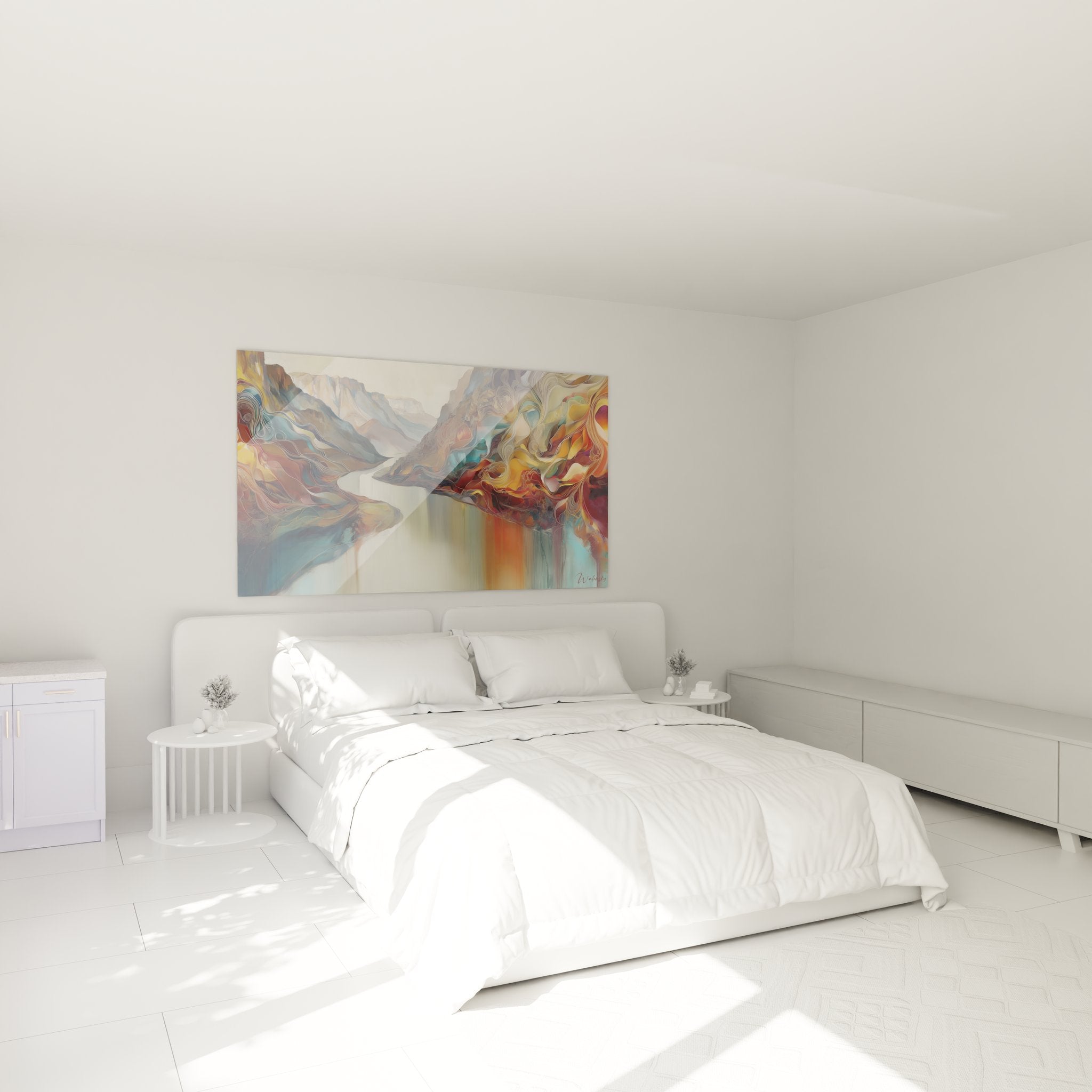 Tableau canyon abstrait coloré décorant une chambre moderne avec ambiance chaleureuse