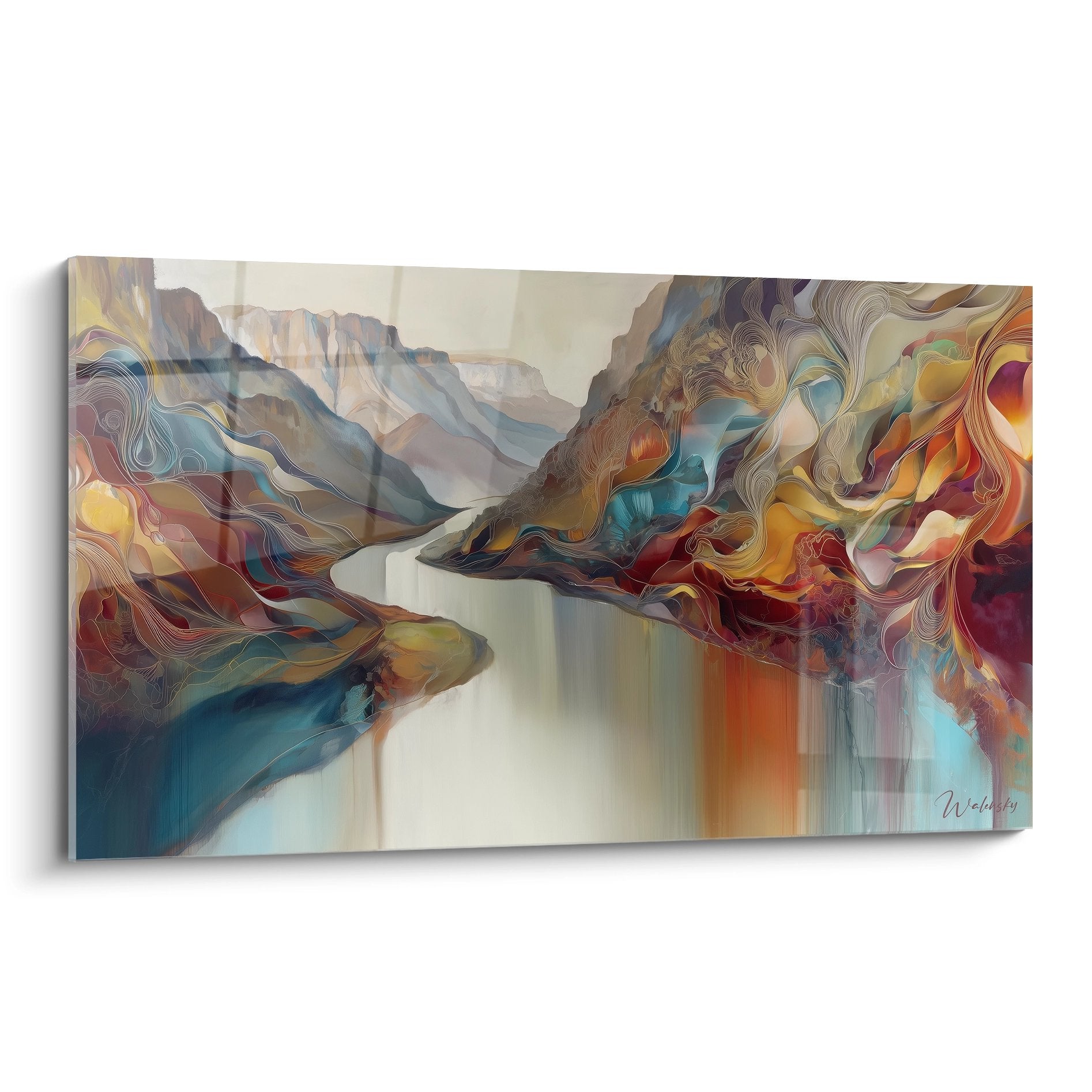 Tableau mural canyon abstrait aux couleurs vives avec gorges stylisées et rivière centrale