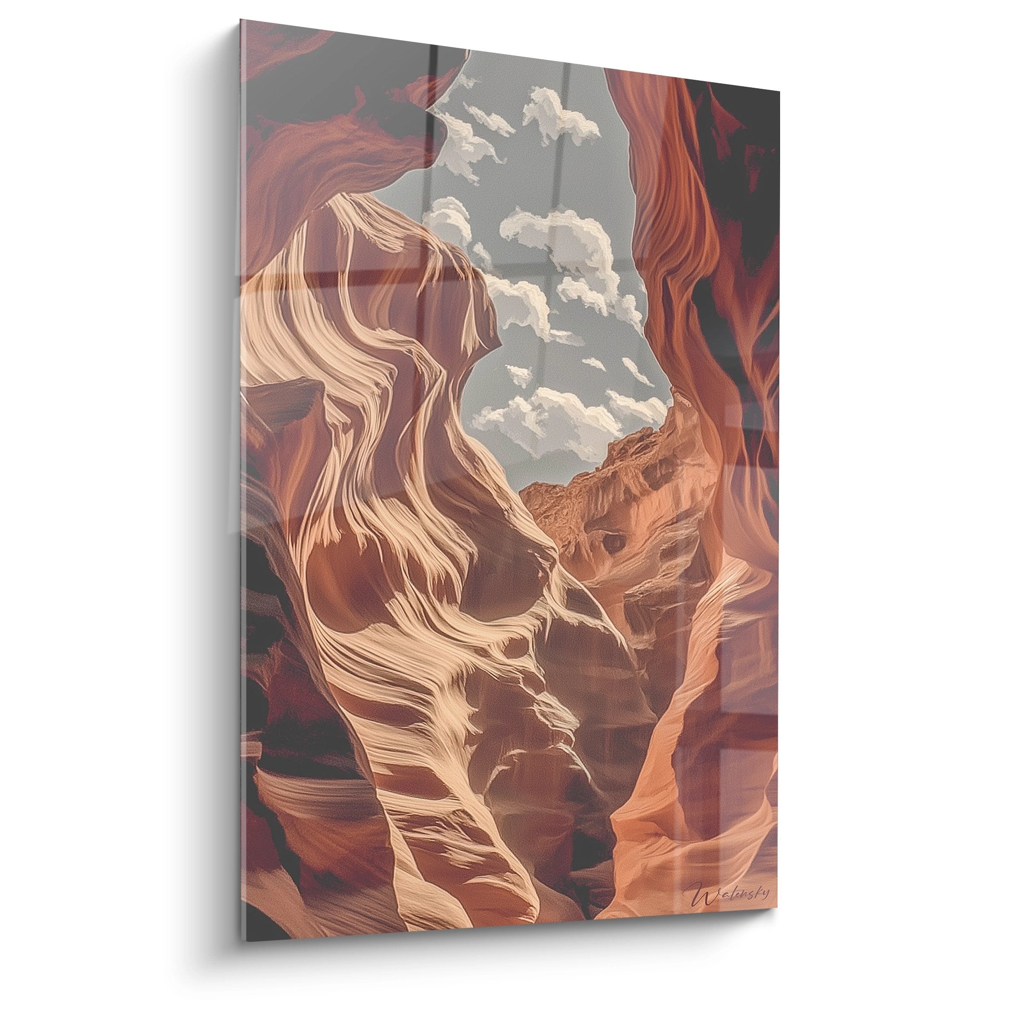 Tableau mural canyon Antelope aux parois sculptées ocre et rouge avec nuages en arrière-plan