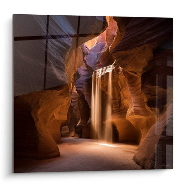 Cuadro del Cañón con Matices Naranja y Violeta con Cascada Luminosa - Escape Mineral - Edición Arena