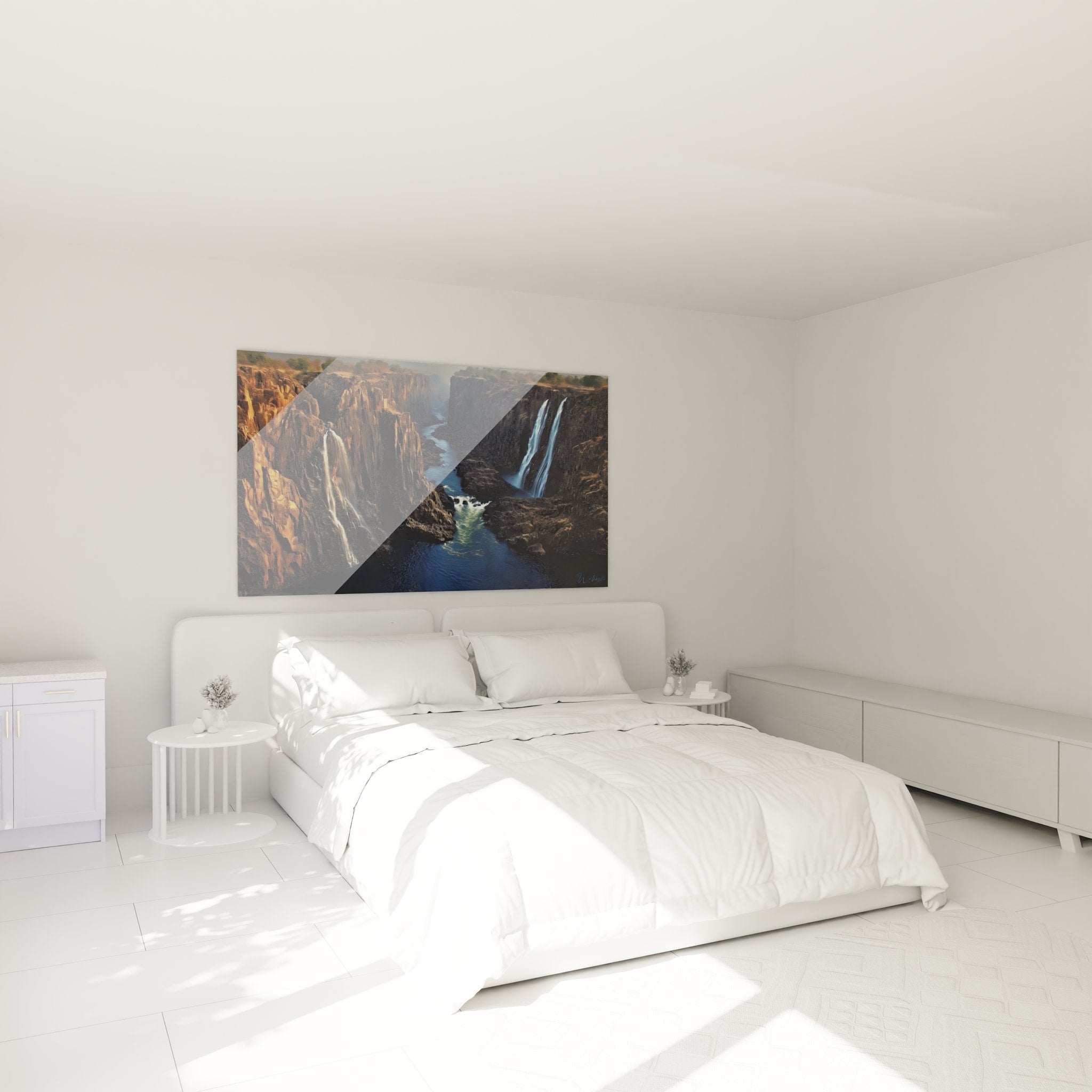 Tableau canyon cascades dans ambiance chambre moderne avec décoration murale nature