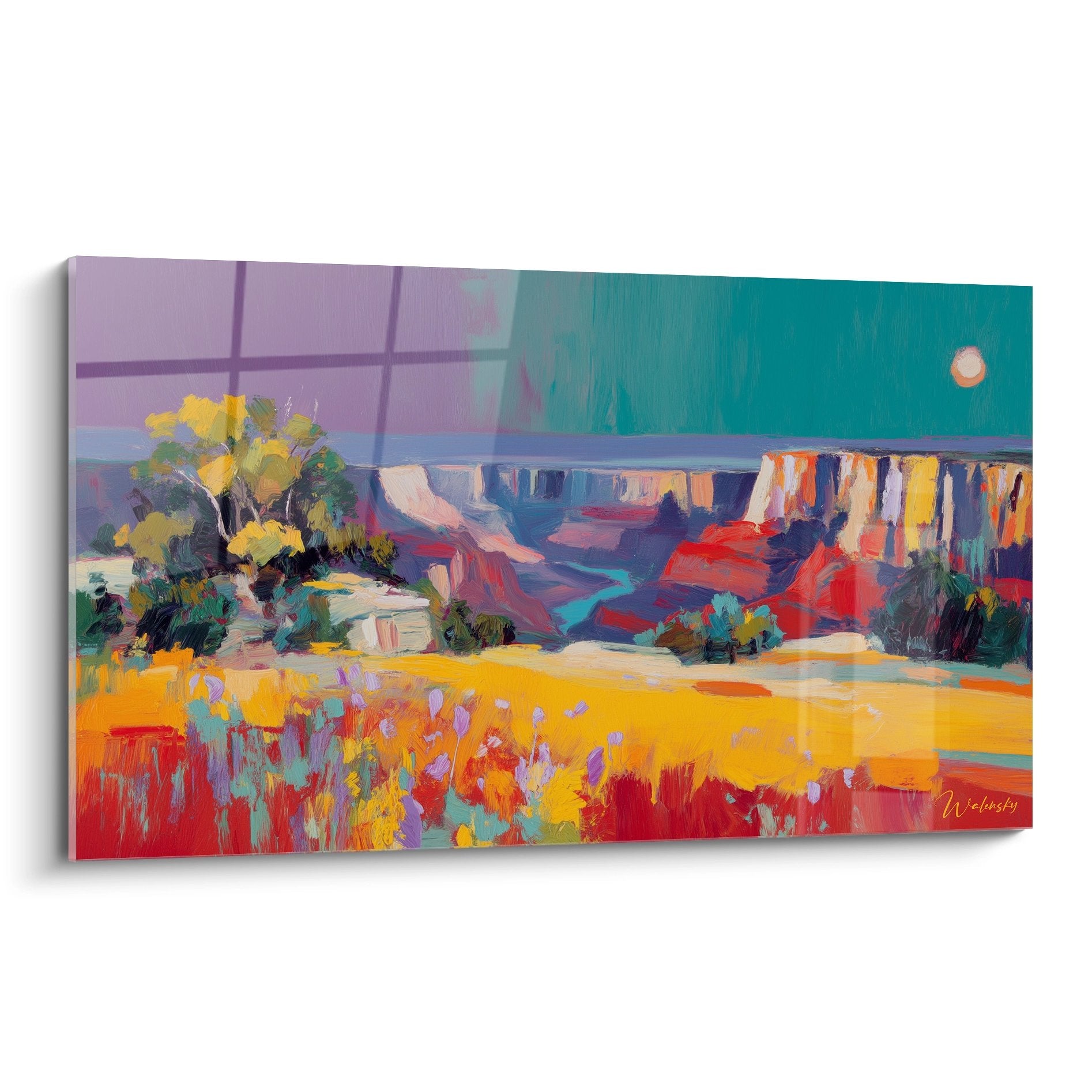 Tableau mural canyon coloré avec gorges rouges, prairie dorée et végétation verte sur toile décorative