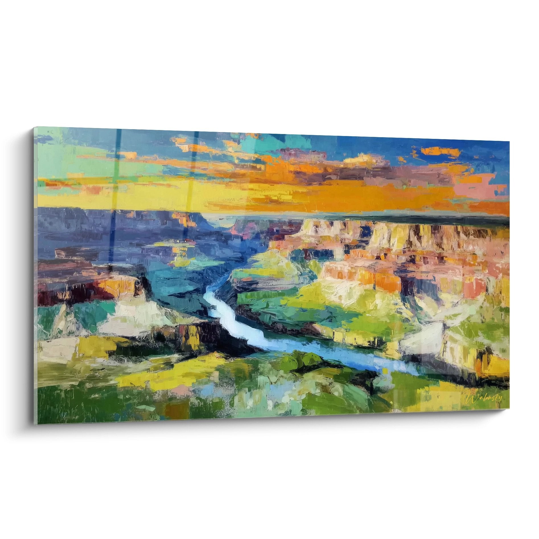 Tableau mural canyon coloré style impressionniste avec rivière serpentant gorges multicolores