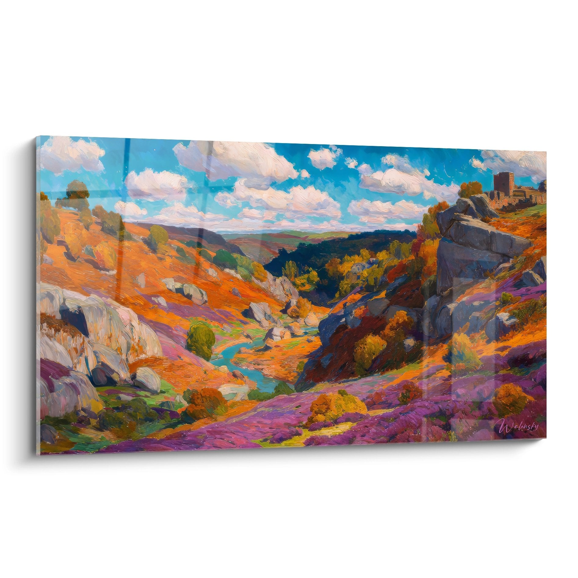 Tableau mural canyon coloré avec vallée montagneuse aux teintes vives oranges et violettes pour décoration