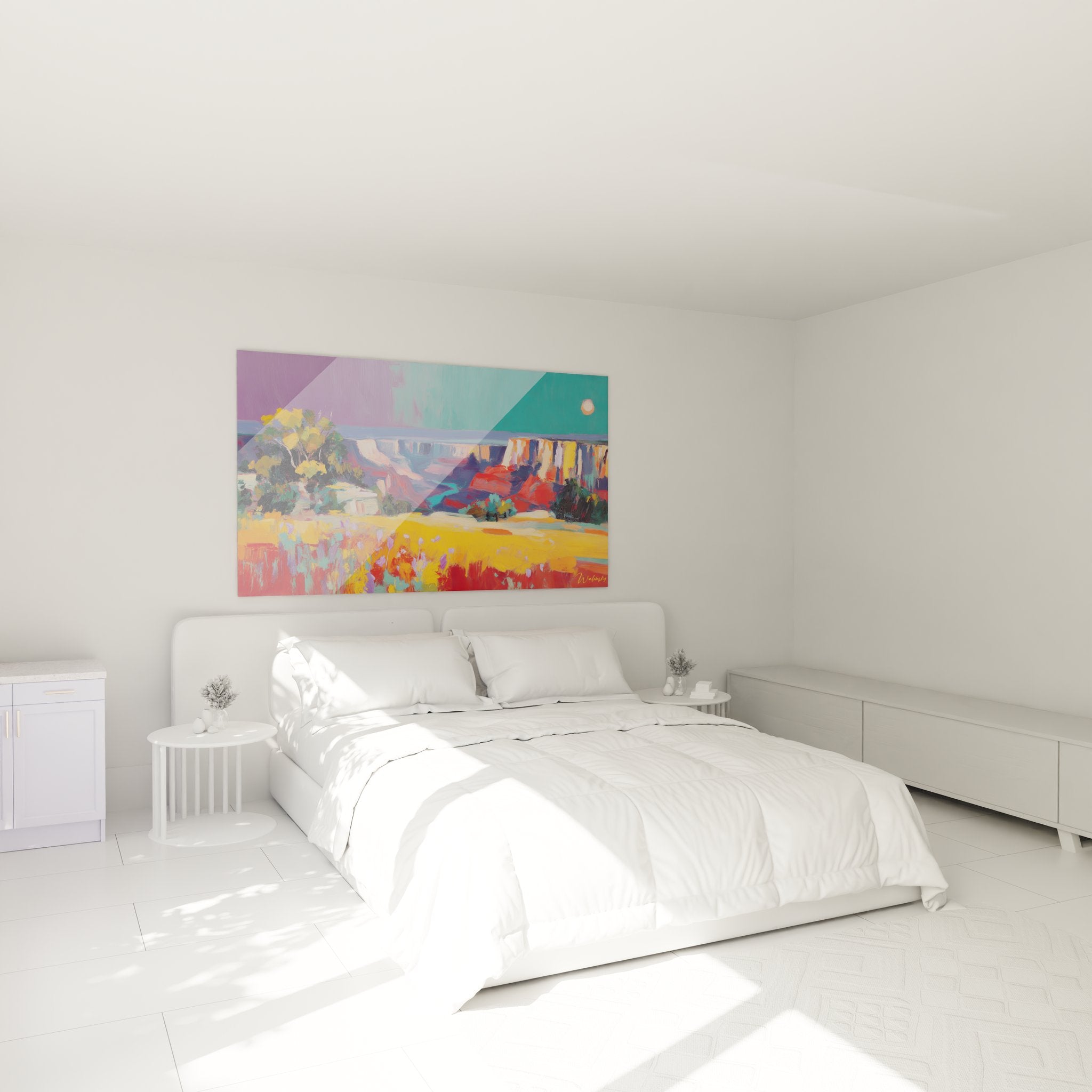 Tableau canyon aux couleurs vives décorant une chambre moderne avec vue sur gorges spectaculaires
