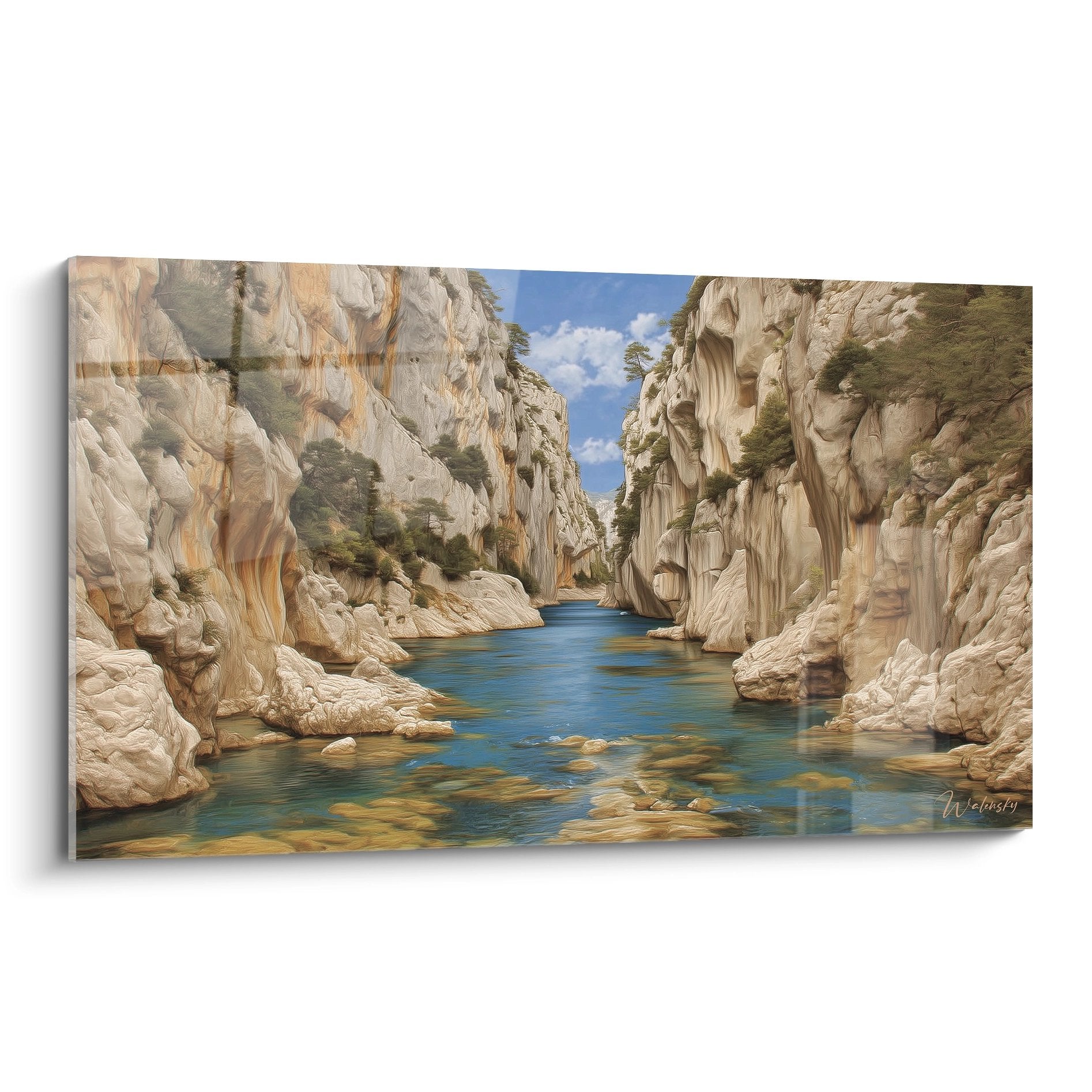 Tableau mural canyon aux eaux turquoise entre falaises calcaires blanches, peinture paysage nature