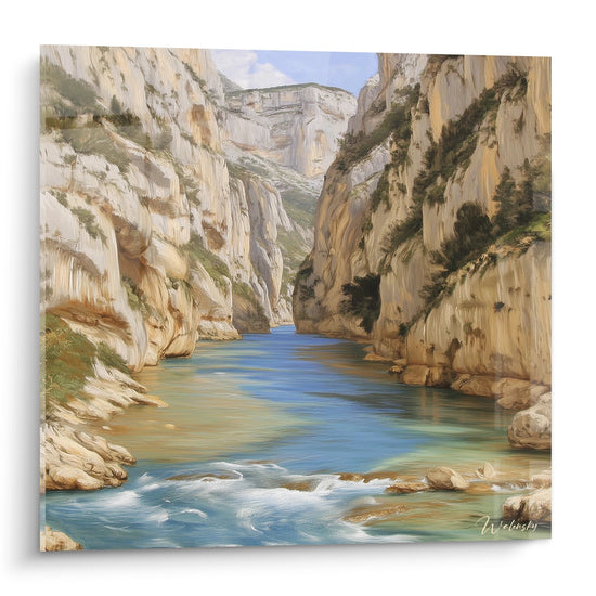 Wandgemälde Canyon mit türkisfarbenem Wasser zwischen Kalksteinfelsen, Gemälde natürliche Schluchten Wielinsky