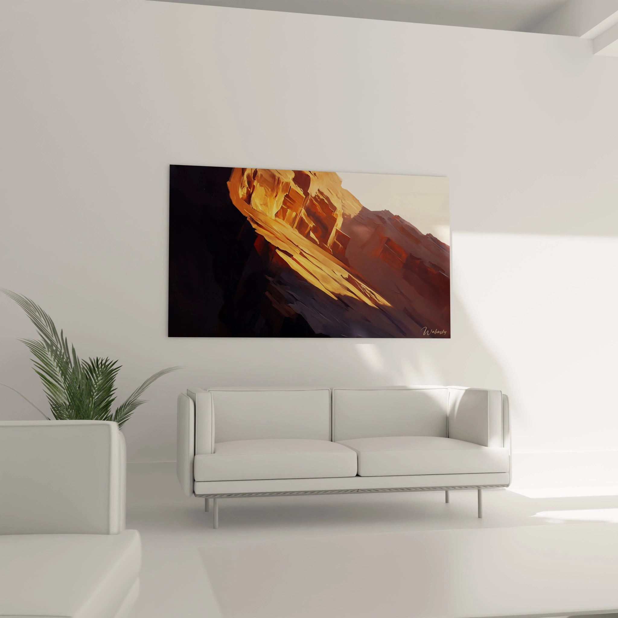 Un tableau montagne minimaliste présentant une falaise abrupte sous un éclairage latéral, où les couleurs ambrées et terreuses créent une atmosphère chaleureuse, avec des coups de pinceau dynamiques soulignant la texture rugueuse et les plans géologiques de la roche.
