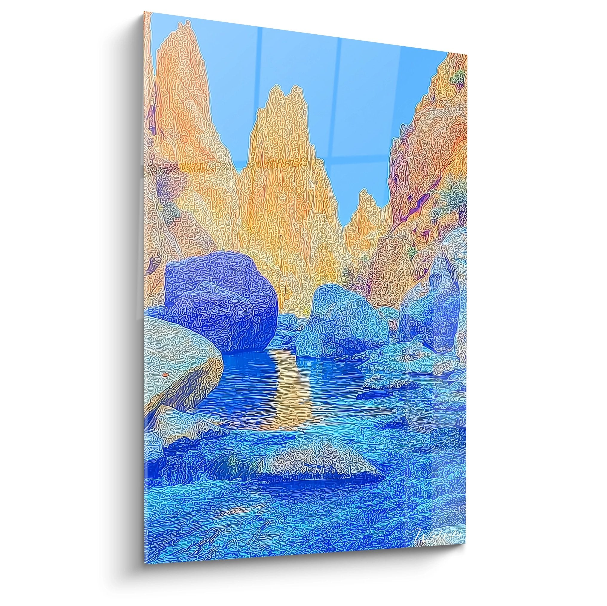 Tableau mural canyon rocheux aux falaises dorées et eaux turquoise style impressionniste moderne