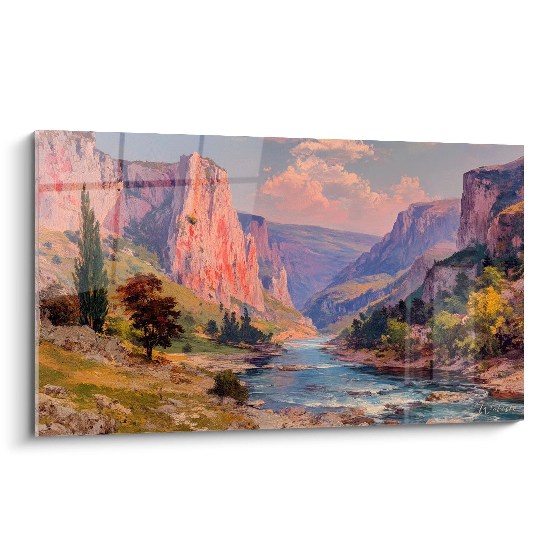 Tableau mural canyon aux falaises roses avec rivière serpentant dans gorges naturelles lumière dorée