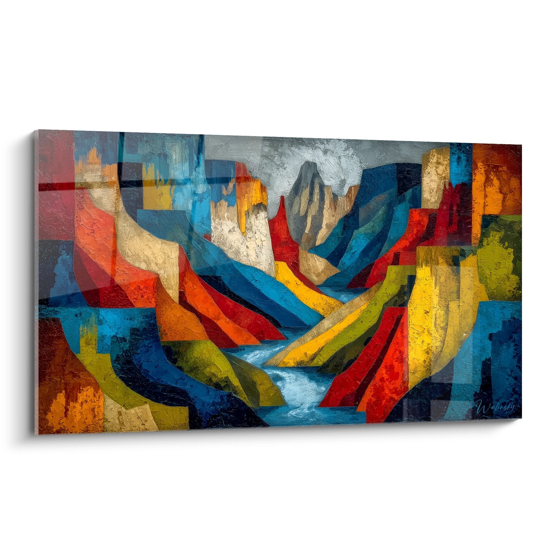 Tableau mural canyon géométrique abstrait aux couleurs vives avec rivière centrale et formes cubistes