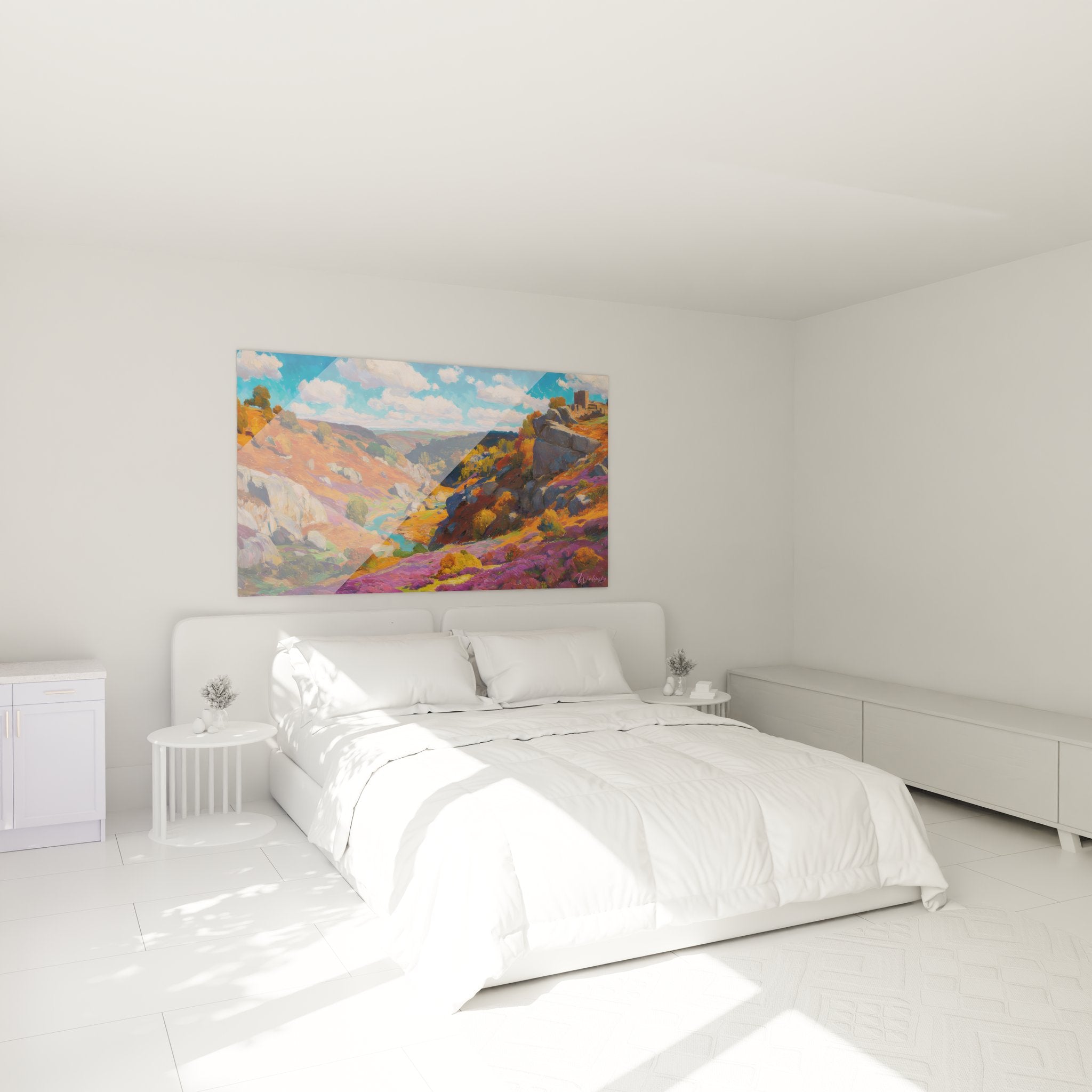 Ambiance chambre avec tableau canyon montagneux coloré accroché au mur pour décoration intérieure moderne