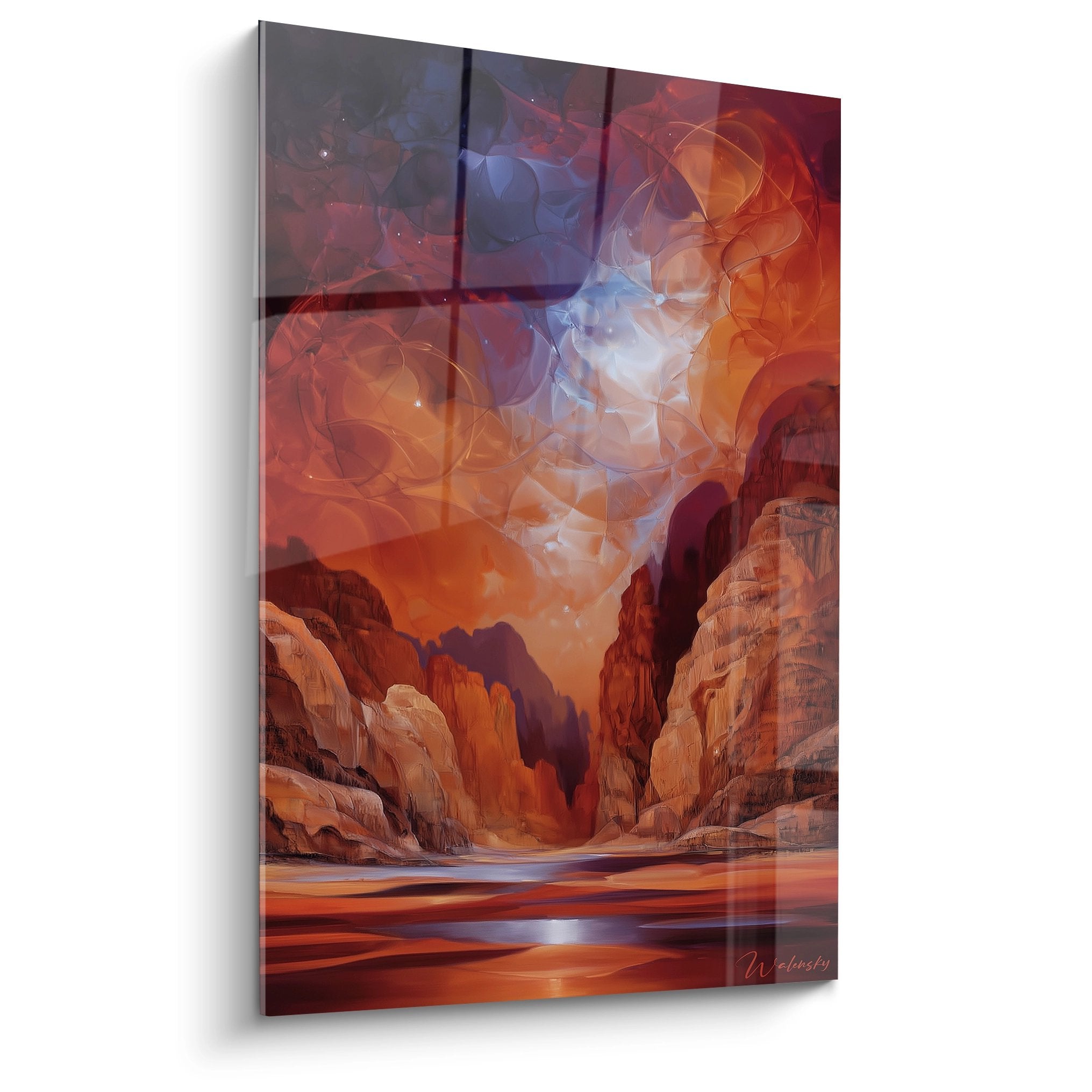 Tableau mural canyon mystique avec tempête céleste aux couleurs flamboyantes, formations rocheuses désert