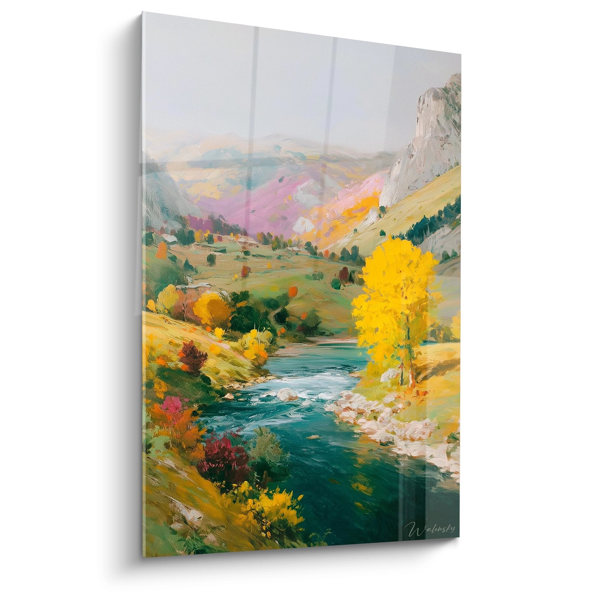 Tableau mural canyon avec rivière turquoise et feuillages dorés automne, peinture gorges naturelles moderne