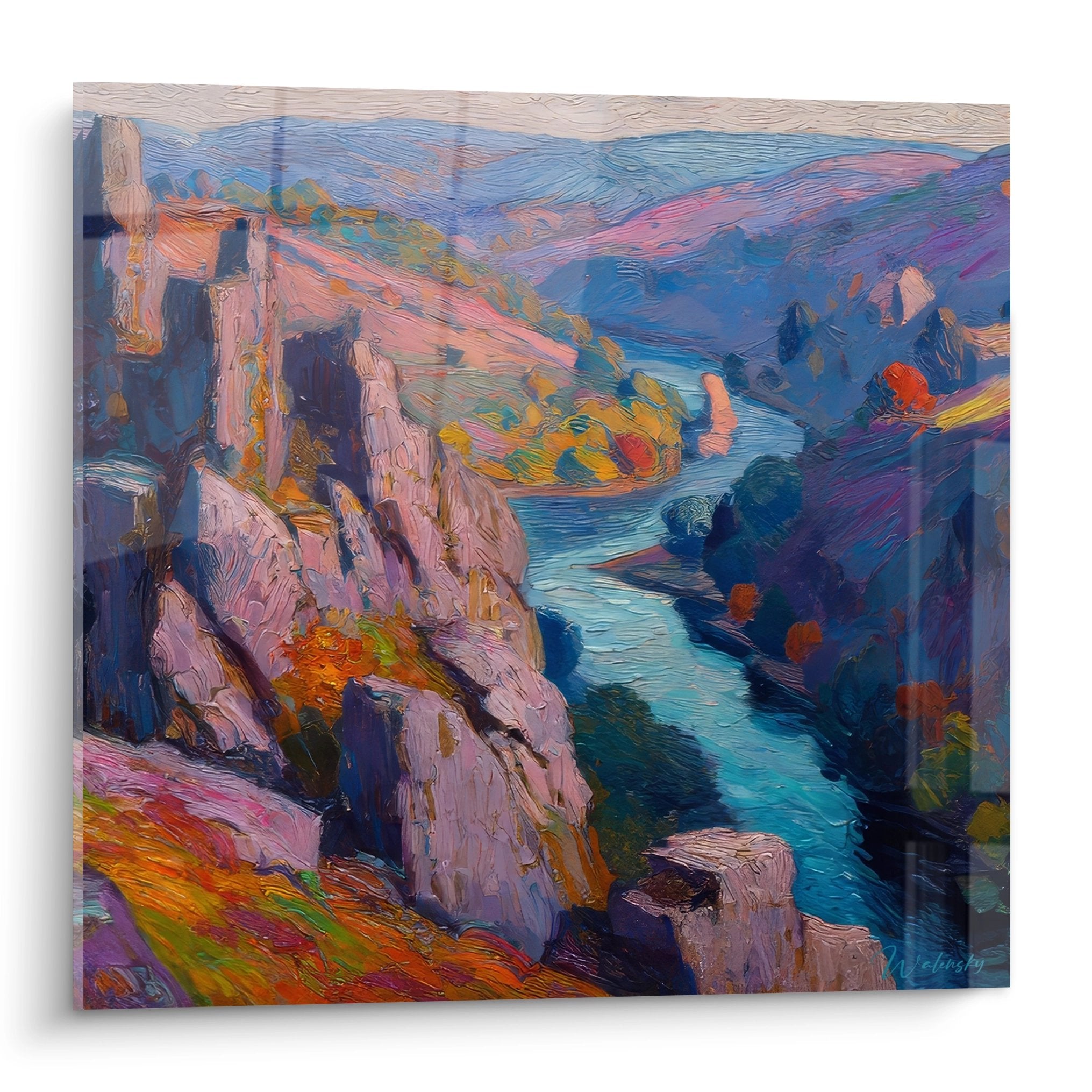 Tableau canyon rivière turquoise entre falaises colorées style impressionniste montagne