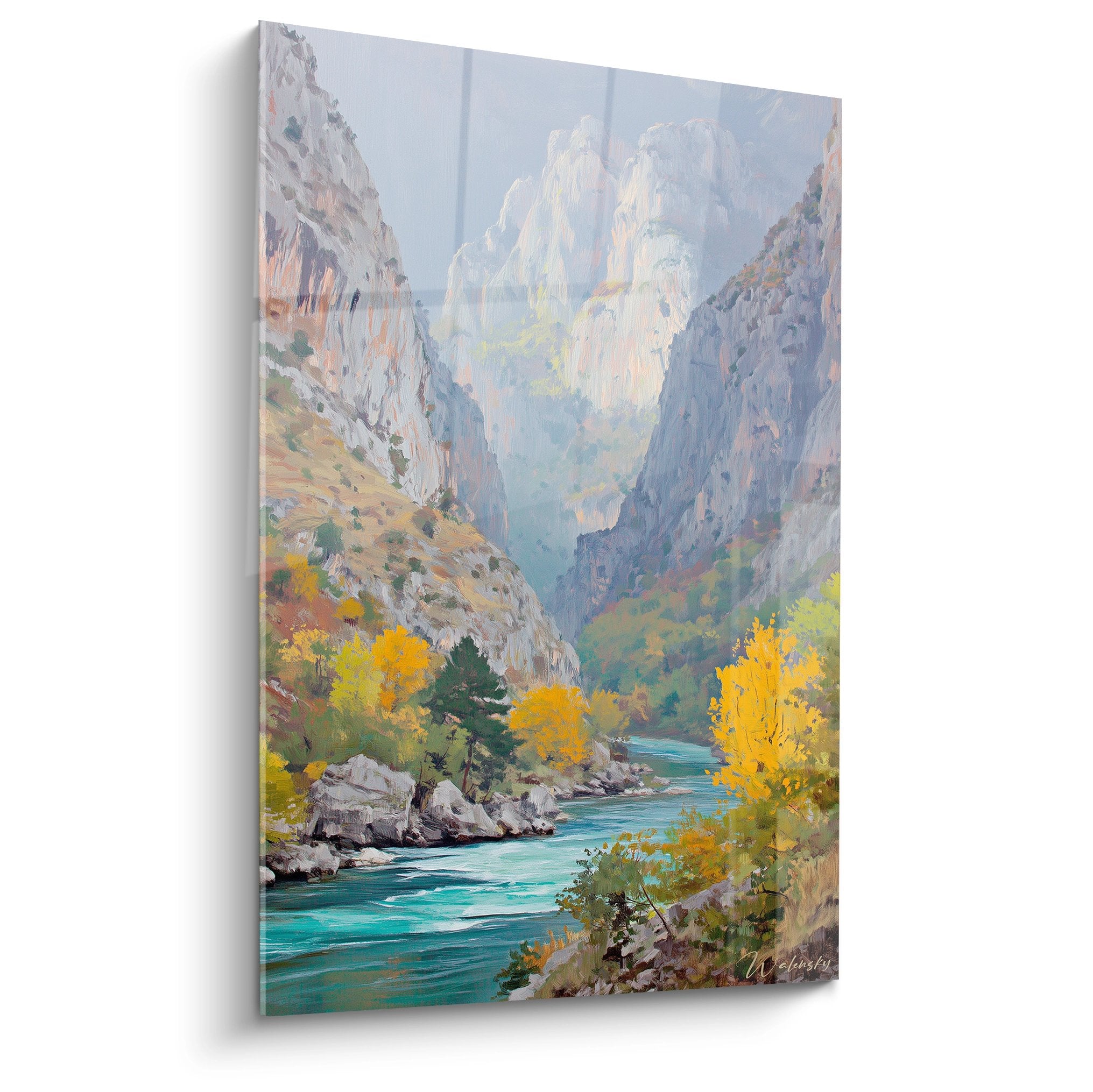 Tableau mural canyon avec rivière turquoise et feuillages dorés, peinture nature décorative