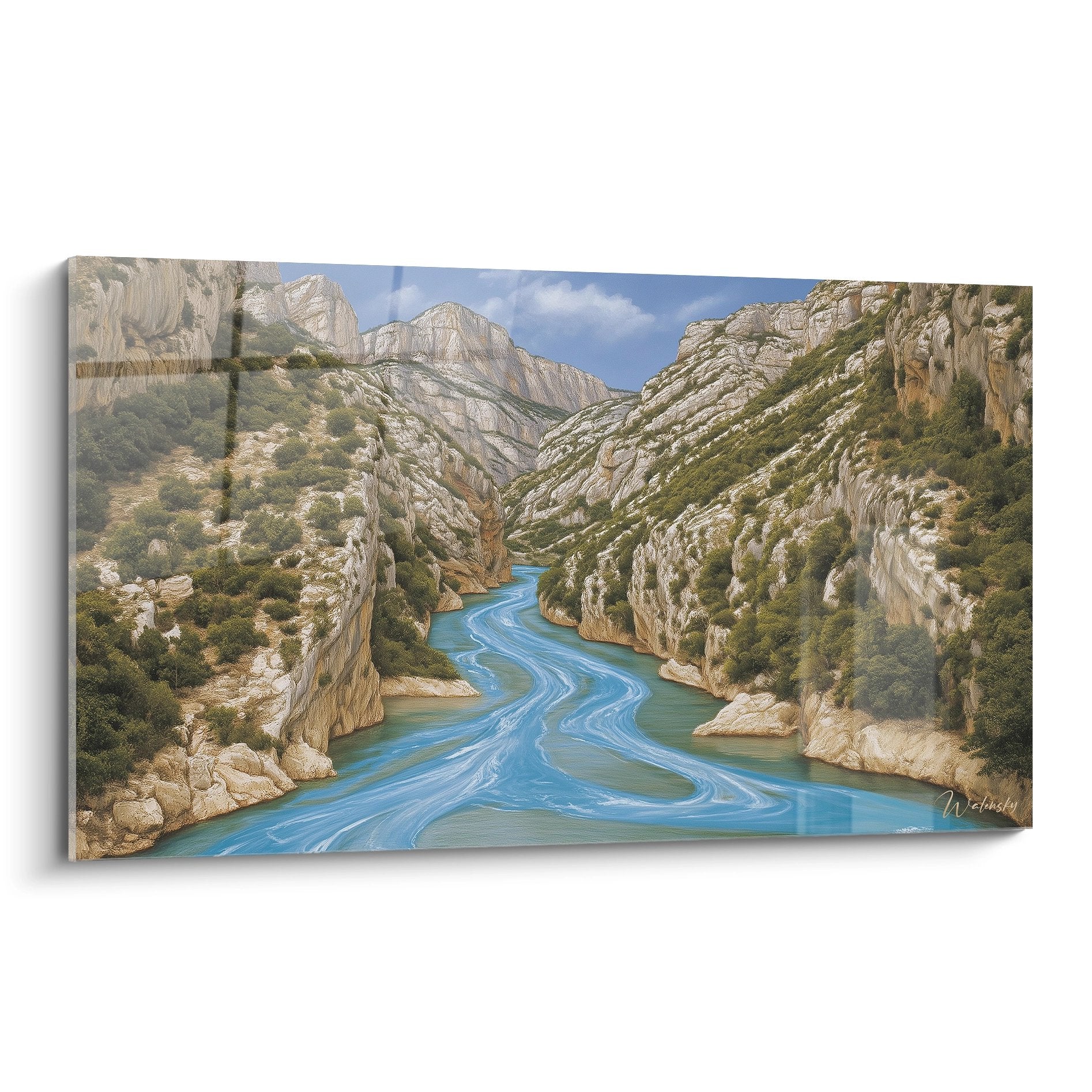 Tableau canyon avec rivière turquoise serpentant entre falaises calcaires sous ciel bleu