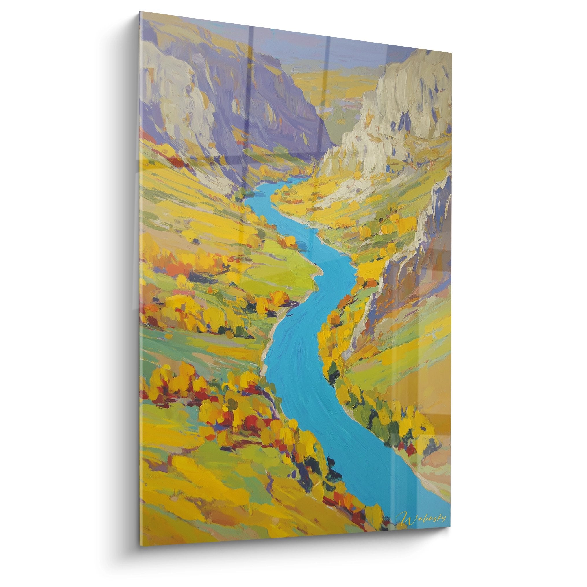 Tableau mural canyon avec rivière turquoise serpentant entre falaises colorées tons dorés