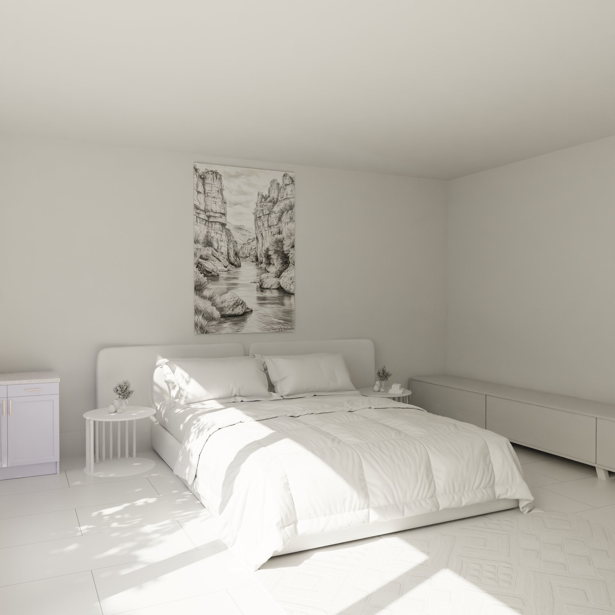 Ambiance chambre avec tableau canyon rocheuses accroché au mur créant atmosphère apaisante et naturelle