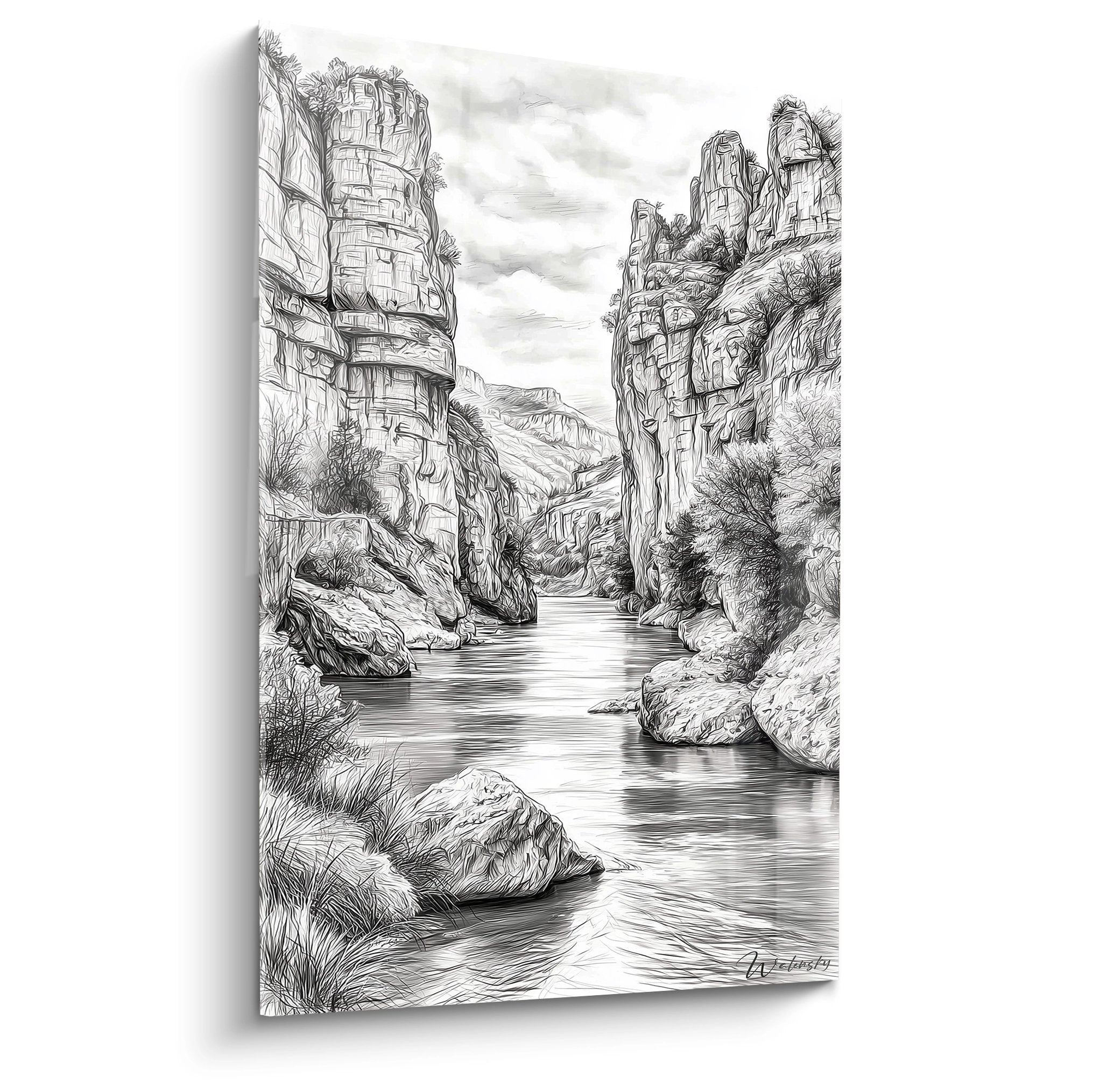 Tableau mural canyon rocheuses noir et blanc avec rivière et falaises majestueuses pour décoration intérieure