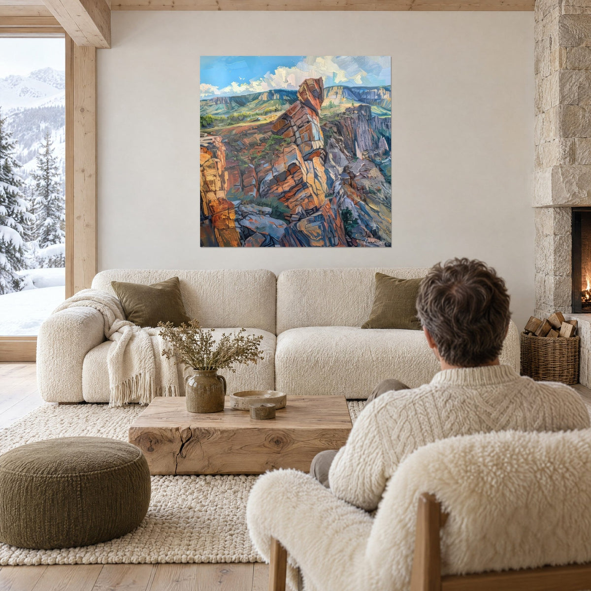 Tableau canyon rocheux aux strates orange et bleutées, ciel azur, une personne de dos, au-dessus d'un canapé dans un salon lumineux