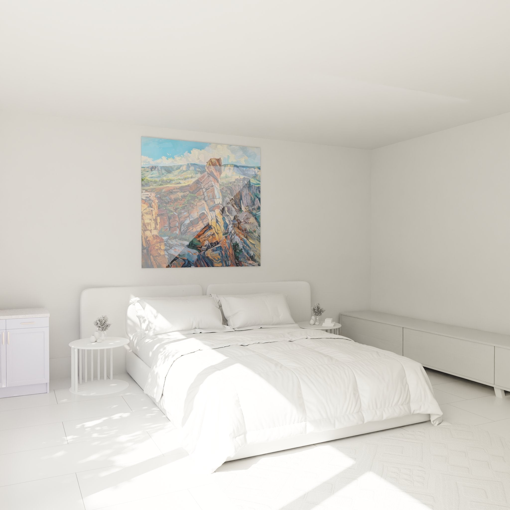 Tableau canyon rocheux décorant une chambre moderne avec couleurs chaudes naturelles