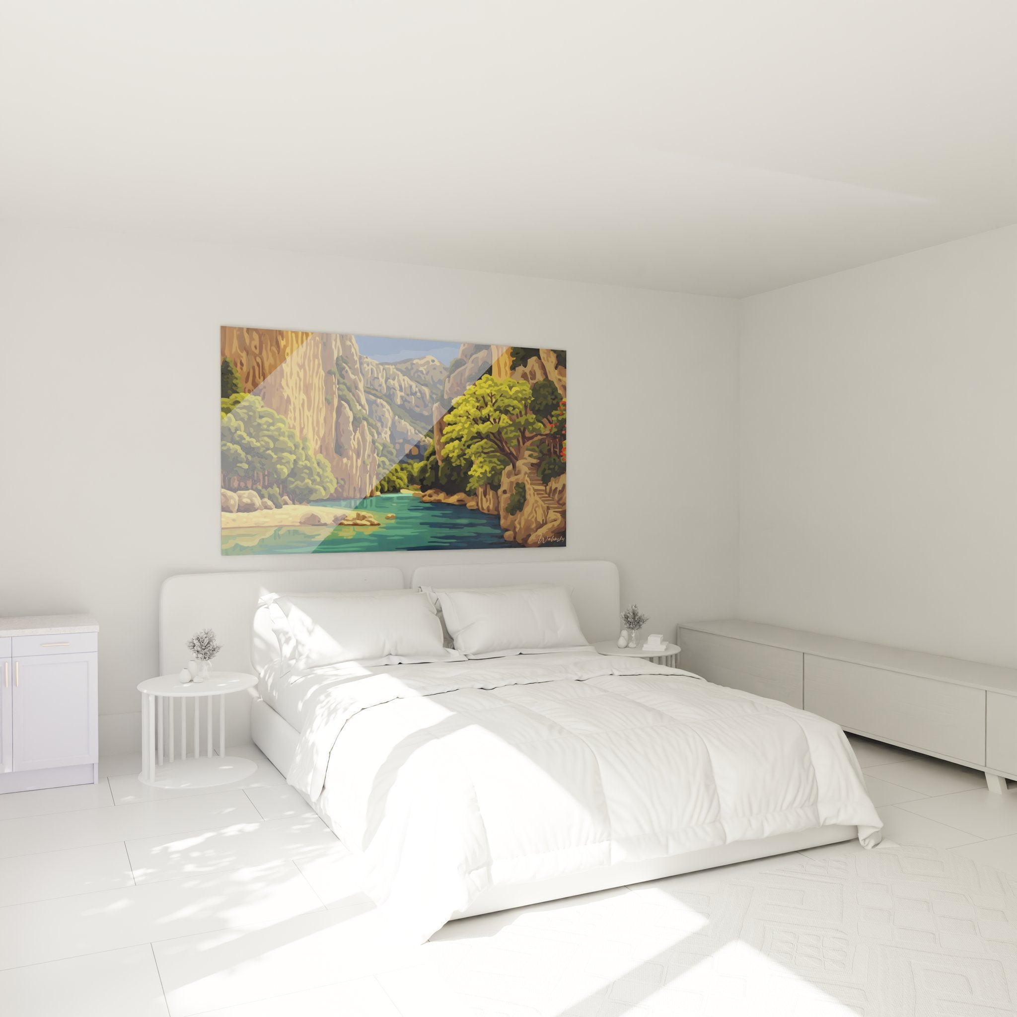 Tableau canyon tropical dans chambre moderne, oasis turquoise et végétation luxuriante ambiance déco
