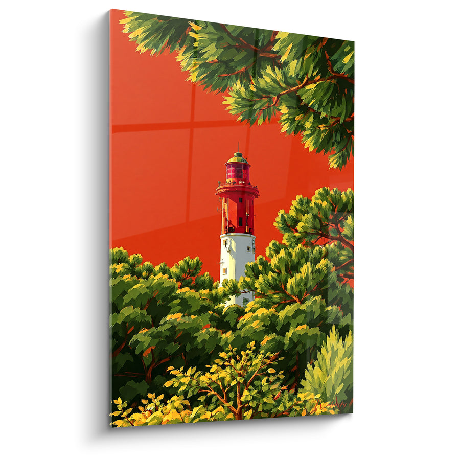 Painting Beacon white and red between green pines - Watch over the pine forest - Edition Cap Ferret Nouvelle-Aquitaine France