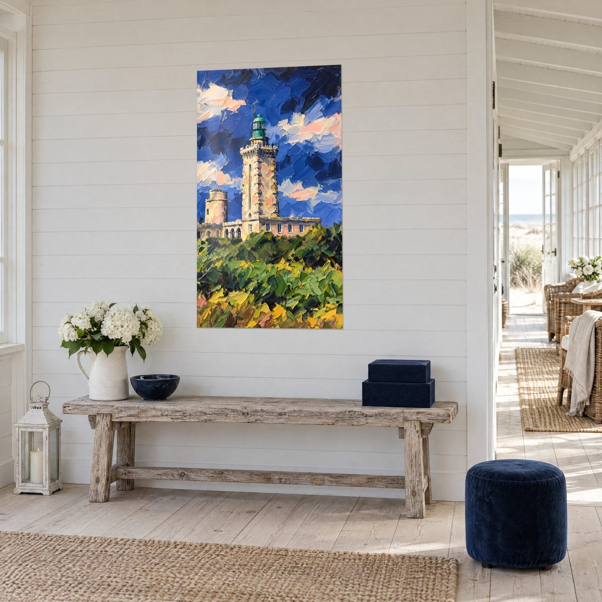 Gemälde Laternenturm in Creme und Rosa auf einer grünen, gelb gesprenkelten Heide, Dreiviertelansicht, Holzkonsole, Haus am Meer
