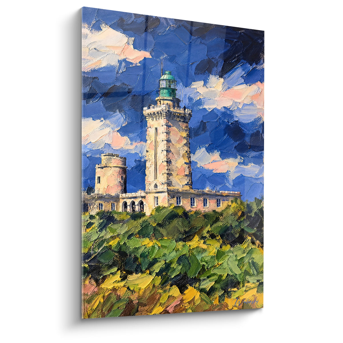 Gemälde Leuchtturm am Cap Fréhel aus ockerfarbenen Steinen, emporragend unter marineblauem Himmel und pfirsichfarbenen Wolken