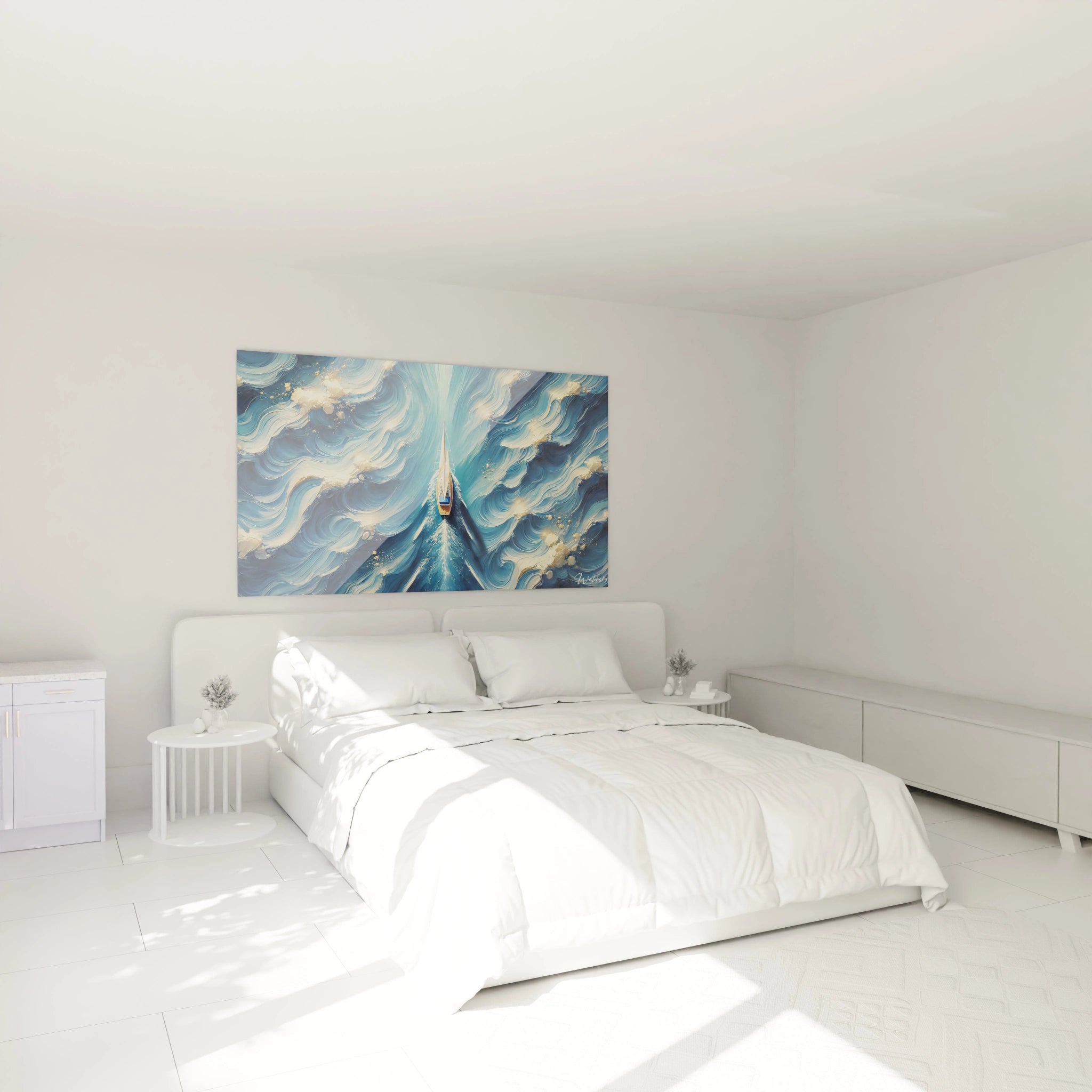 Tableau Ocean au dessus du lit dans une chambre ajoutant une touche de serenite et d aventure La composition abstraite de l ocean apporte une sensation d echappee vers l infini

