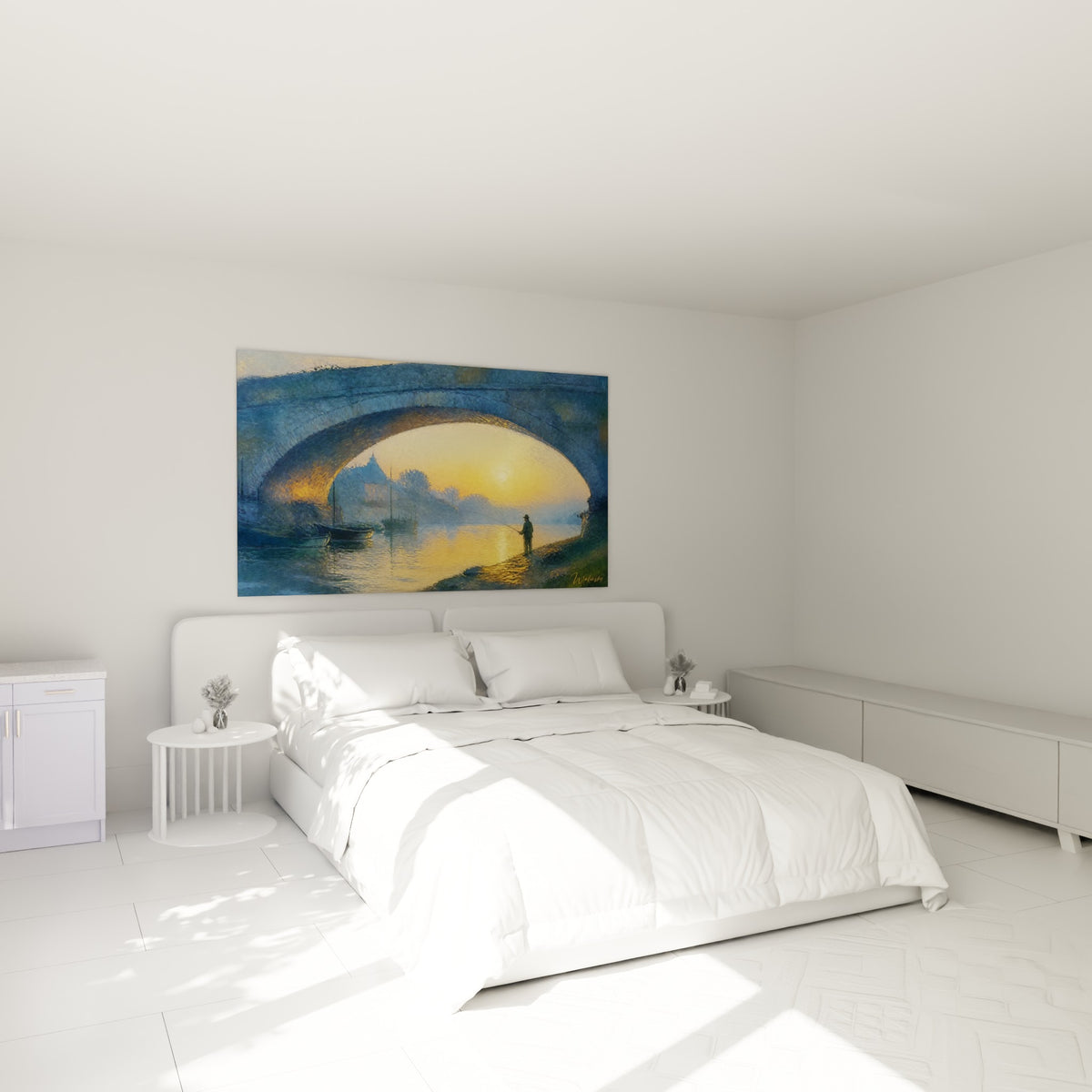 Pêcheur et pont bleu doré illuminé par le soleil, au-dessus d'un lit dans une chambre claire
