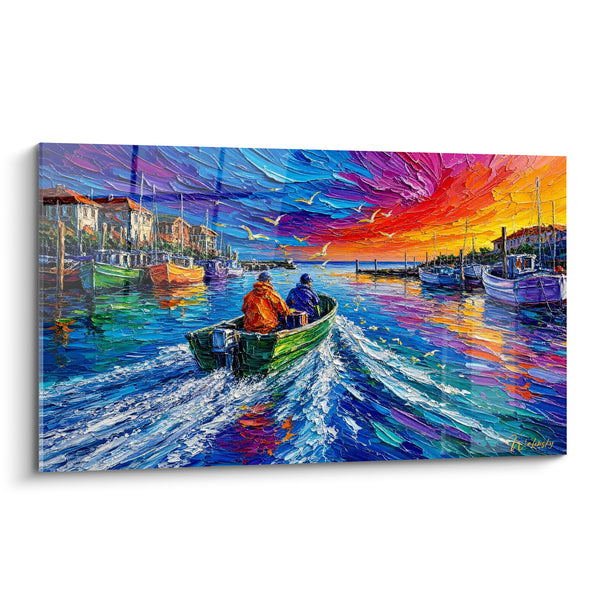 Fishing Harbor Painting at Violet and Orange Sunset - Return from the Sea - Capbreton Edition