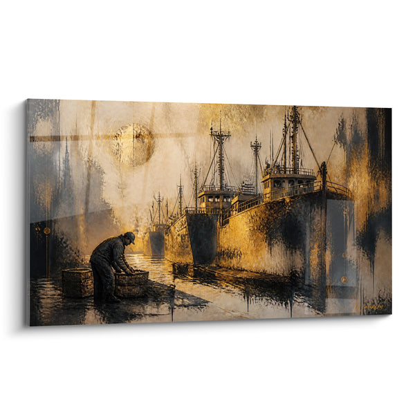 Tableau Chalutiers dorés au port de pêche - Aube des pêcheurs - Edition Capbreton