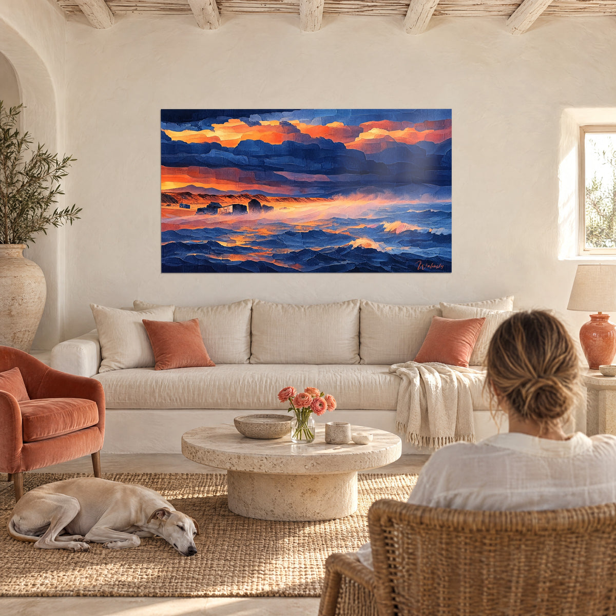 Falaises et vagues bleu marine du tableau Capbreton Nouvelle-Aquitaine France au-dessus d'un lit dans une chambre claire