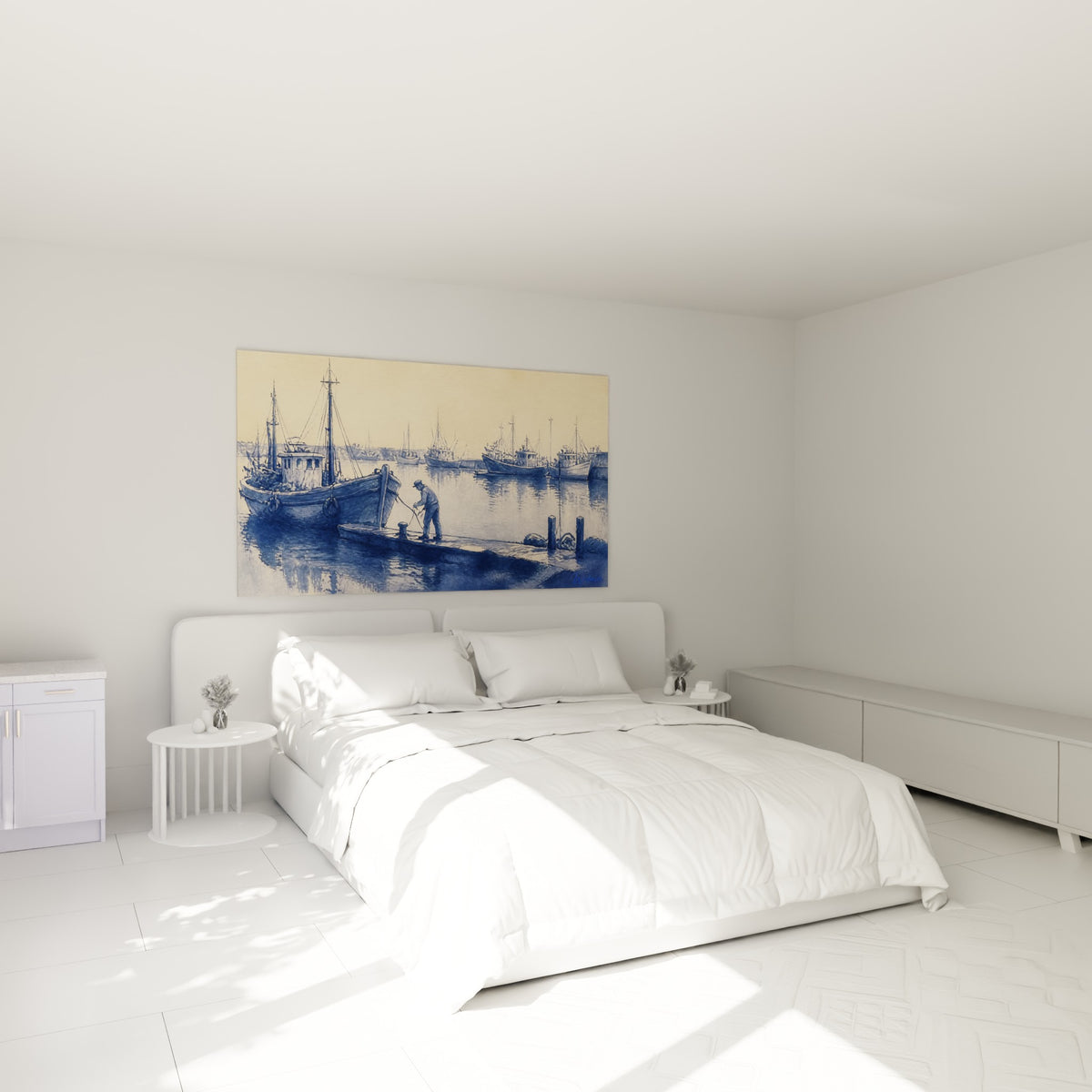 Bateaux de pêche bleu indigo et ocre au-dessus d'un lit dans une chambre claire