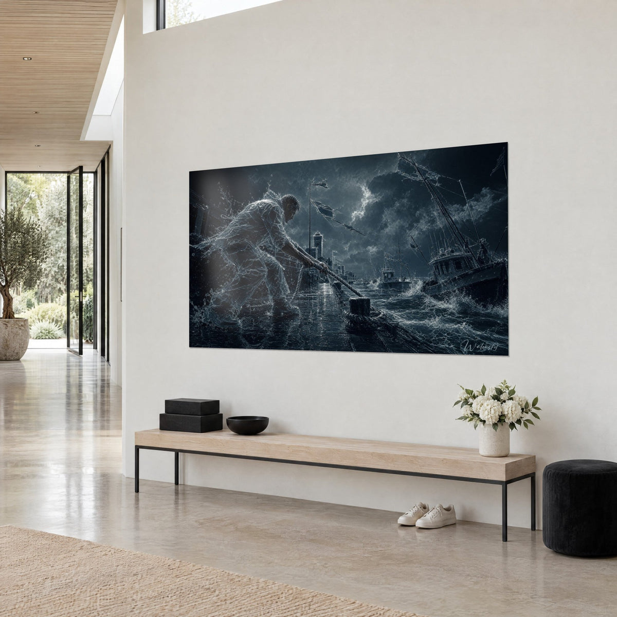 Tableau homme de flots cristallins halant un cordage sur un quai sombre, ciel gris orage, vu de trois-quarts sur un mur blanc