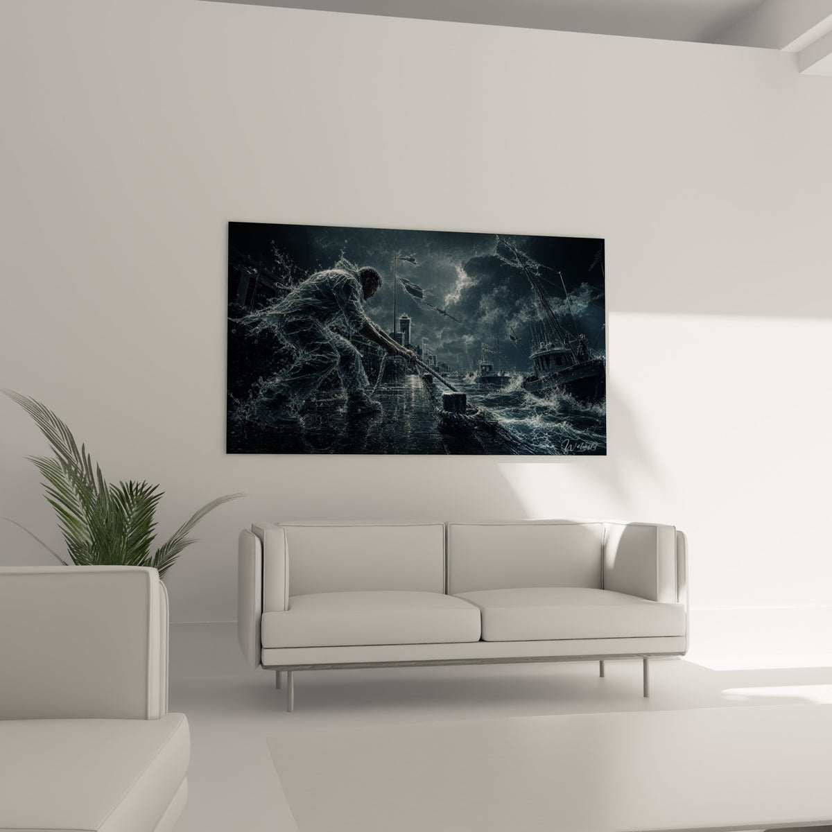 Homme d'eau bleu et gris haletant un cordage, œuvre suspendue au-dessus d'un canapé dans un salon lumineux