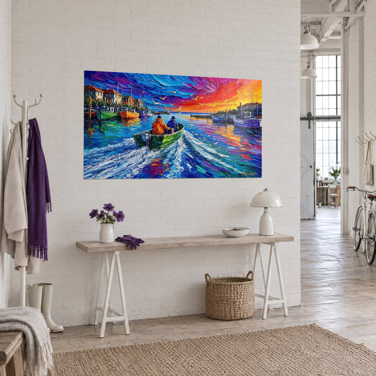 Wall art fishing harbour in thick impasto, purple sailboats and orange hulls under a red and yellow sky, artist loft