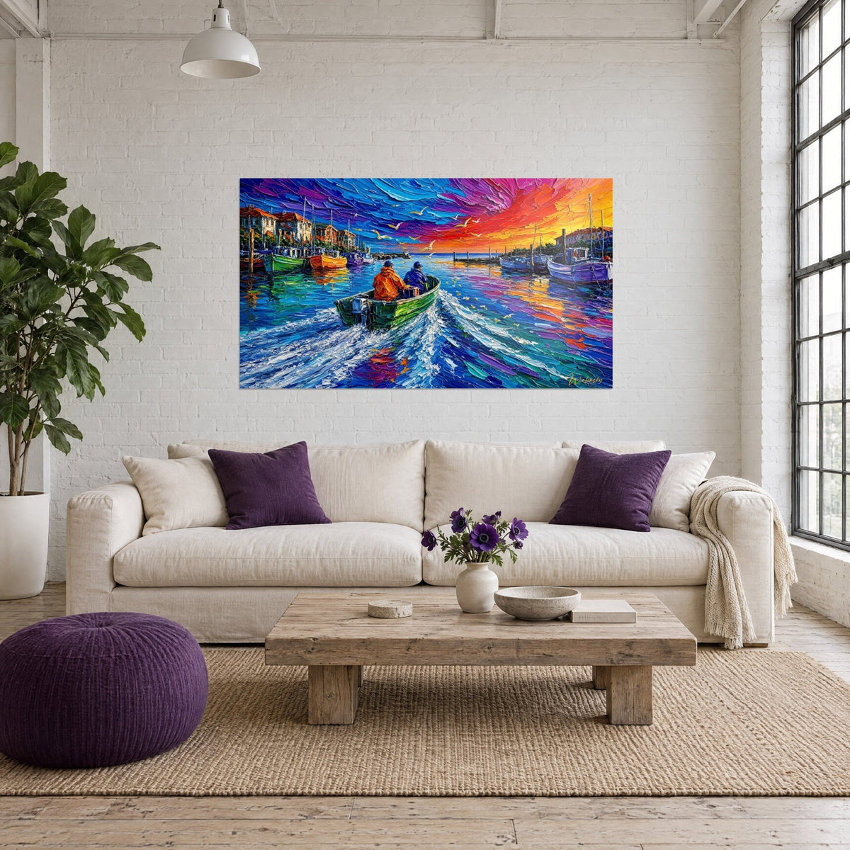 Wall art green boat gliding over turquoise water, violet and orange spiral sky, above a sofa in a bright living room