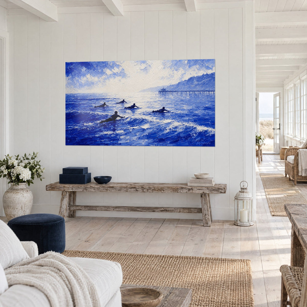 Wall art five swimmers lying face down on ultramarine water, overcast ivory sky, palette-knife impasto, three-quarter view