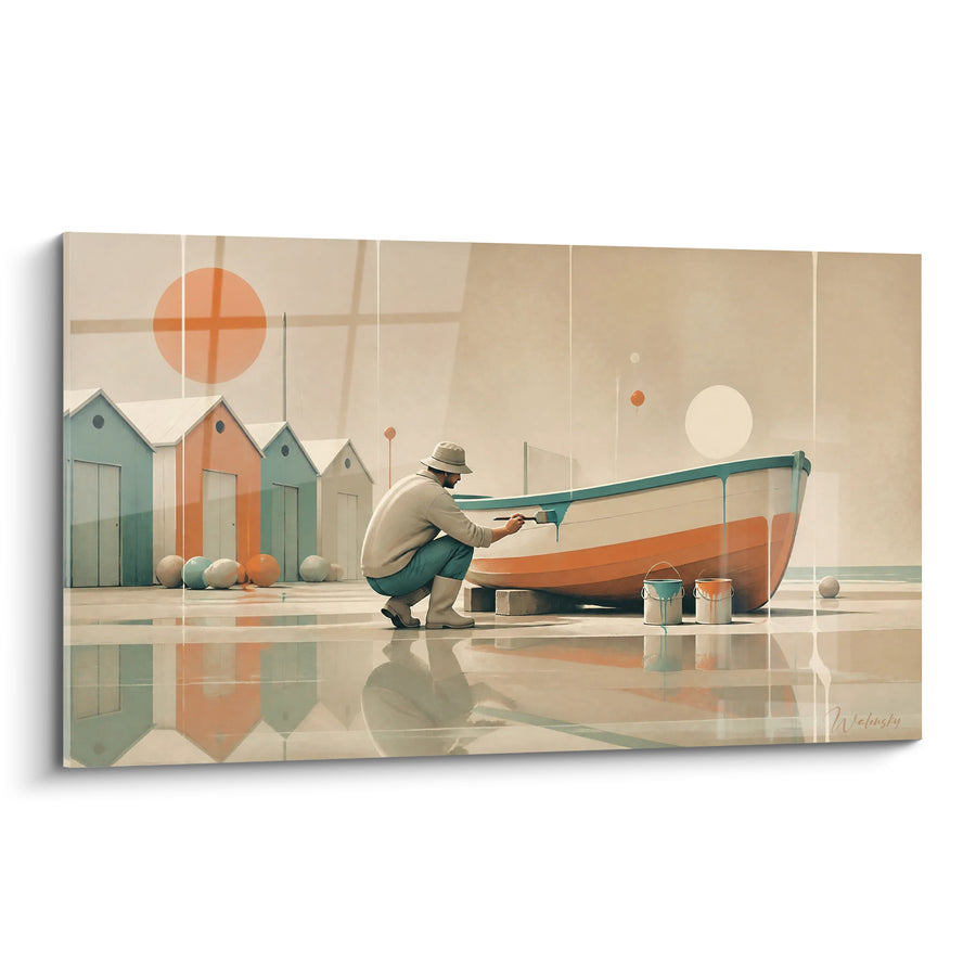 Tableau Pêcheur repeignant sa barque turquoise et corail - Rituel du matin - Edition Capbreton