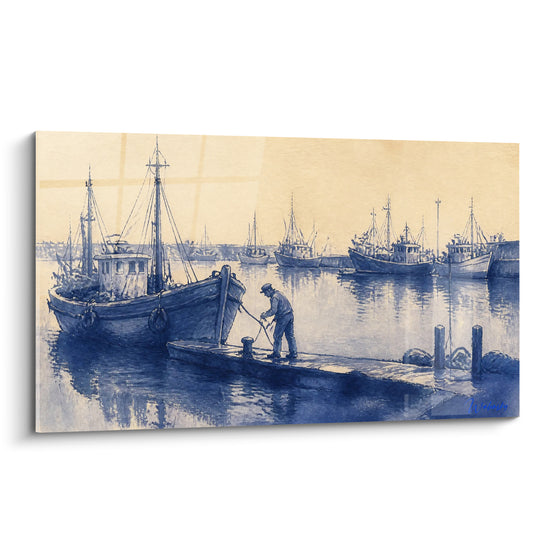 Tableau Port de pêche bleu et jaune sable - Amarrage matinal - Edition Capbreton