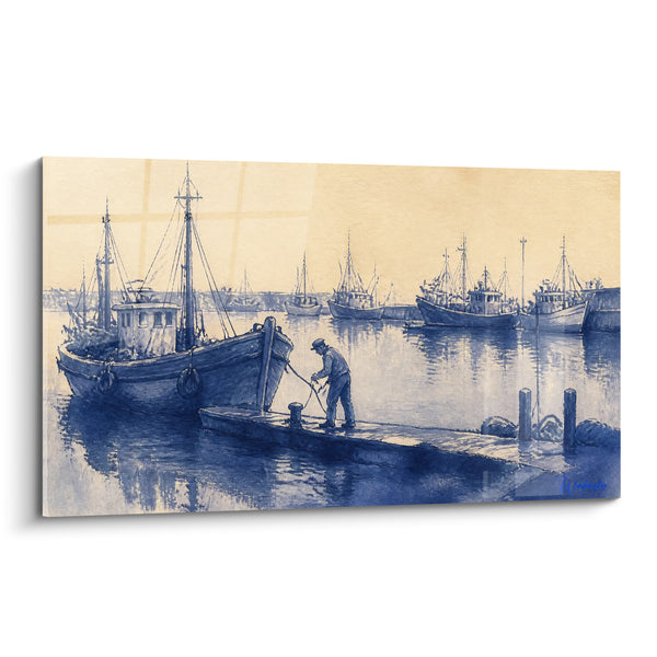 Tableau Port de pêche bleu et jaune sable - Amarrage matinal - Edition Capbreton