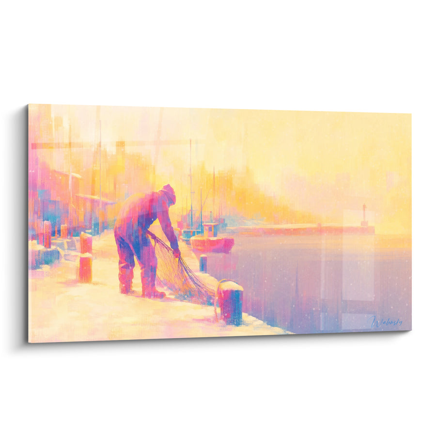 Tableau Pêcheur doré et rose sur un quai - Aube sur le port - Edition Capbreton
