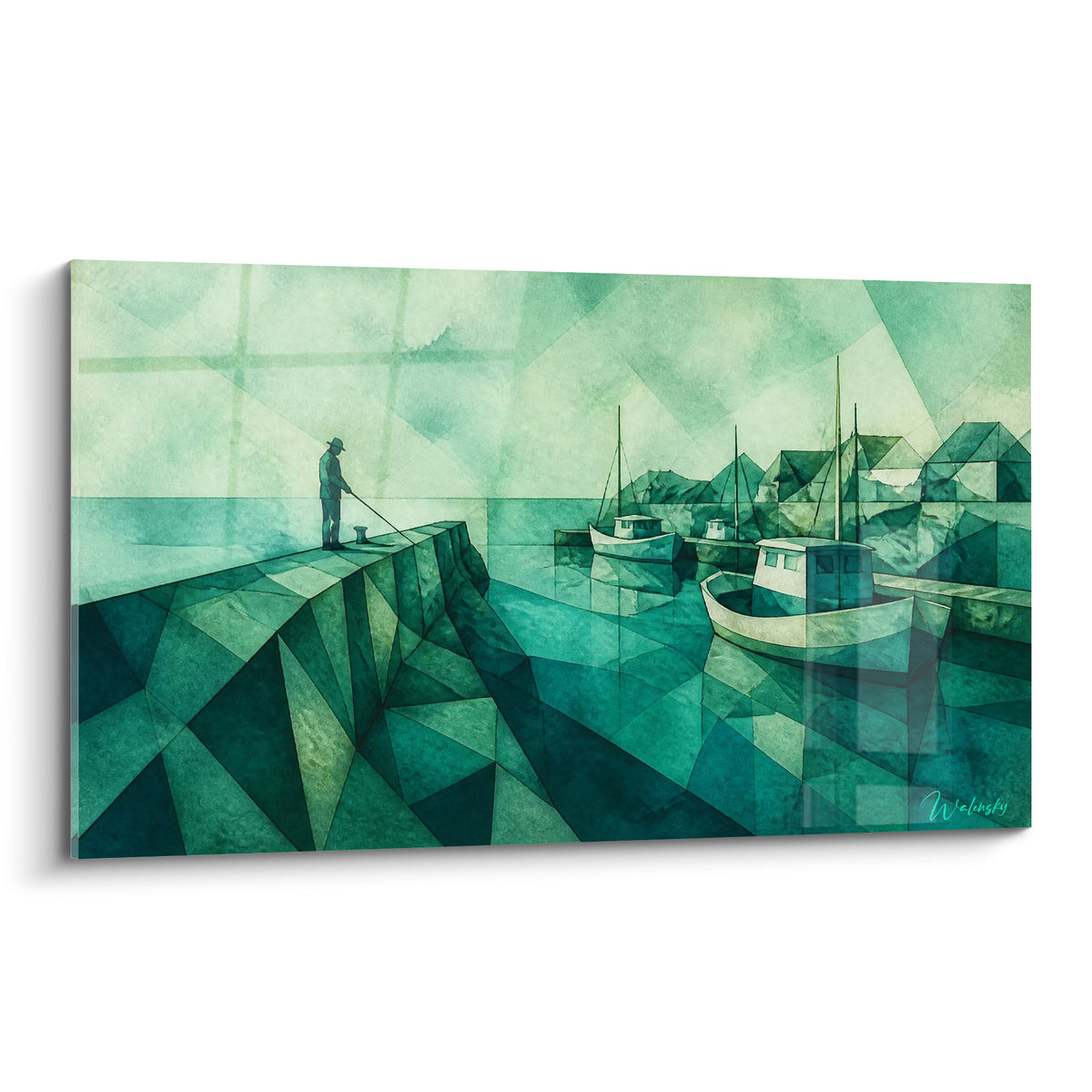 Tableau pêcheur silhouetté sur une jetée géométrique vert émeraude et turquoise, port de Capbreton stylisé