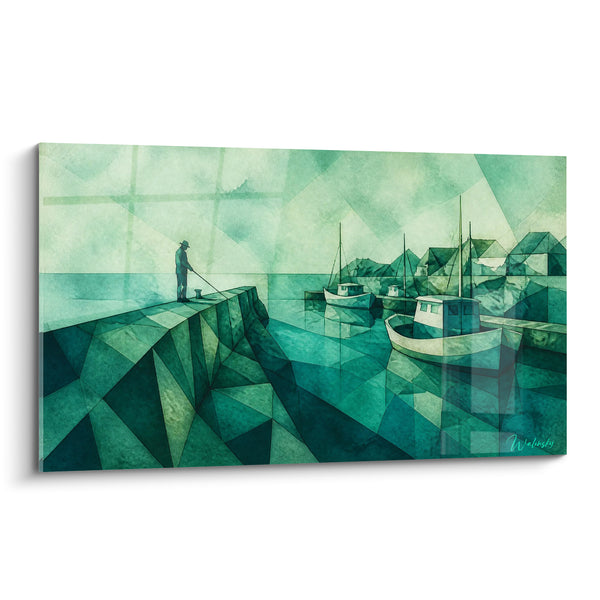 Tableau Pêcheur sur jetée géométrique vert émeraude - Silence portuaire - Edition Capbreton