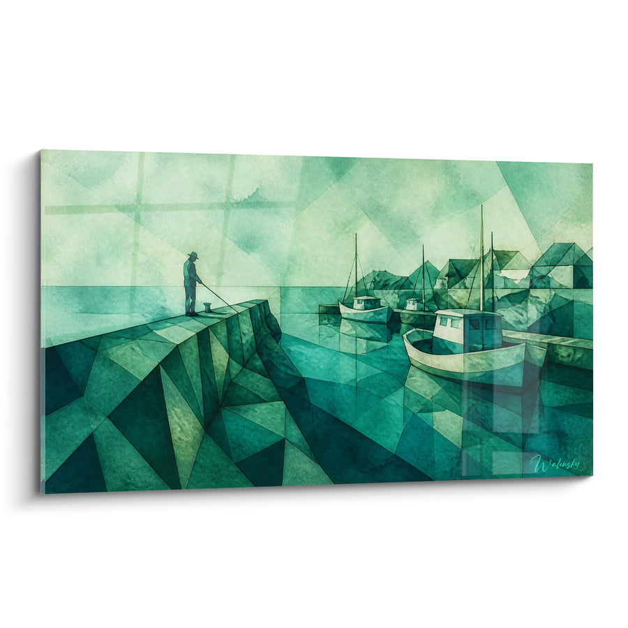 Tableau Pêcheur sur jetée géométrique vert émeraude - Silence portuaire - Edition Capbreton