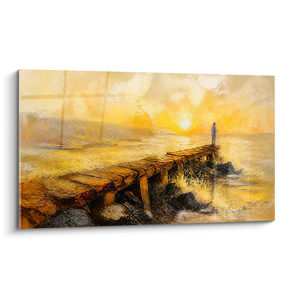 Tableau Pêcheur sur ponton doré et ocre - Silence de l'aube - Edition Capbreton